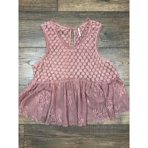 Free People Rustic Pink Lace Ruffle Sleeveless Crop Tank Top Sz S Sheer - Picture 3 of 8